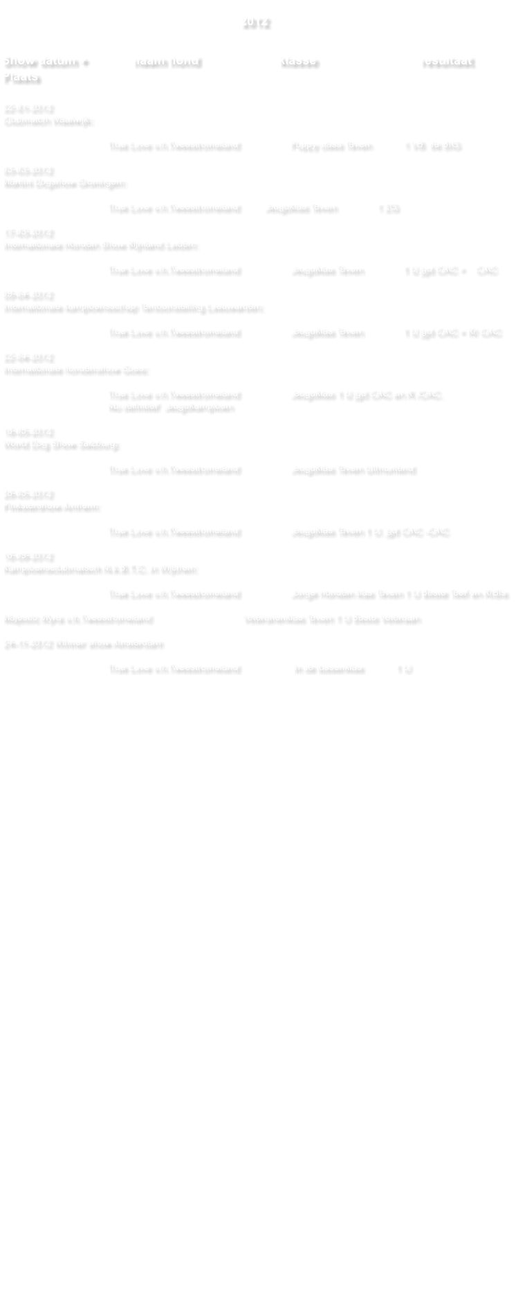 2012   Show datum +    		naam hond                       klasse    				resultaat Plaats  22-01-2012 Clubmatch Waalwijk:  True Love v.h.Tweestromeland 		Puppy class Teven            1 VB  6e BIG  03-03-2012 Martini Dogshow Groningen:  True Love v.h.Tweestromeland         	Jeugdklas Teven               1 ZG    17-03-2012 Internationale Honden Show Rijnland Leiden:  True Love v.h.Tweestromeland  		Jeugdklas Teven               1 U jgd CAC +    CAC          09-04-2012 Internationale kampioensschap Tentoonstelling Leeuwarden:  True Love v.h.Tweestromeland   		Jeugdklas Teven               1 U jgd CAC + R/ CAC   22-04-2012 Internationale hondenshow Goes:  True Love v.h.Tweestromeland  		Jeugdklas 1 U jgd CAC en R /CAC.  Nu definitief  Jeugdkampioen    18-05-2012 World Dog Show Salzburg:  True Love v.h.Tweestromeland  		Jeugdklas Teven Uitmuntend  28-05-2012 Pinkstershow Arnhem:  True Love v.h.Tweestromeland   		Jeugdklas Teven 1 U. jgd CAC -CAC  16-09-2012 Kampioensclubmatsch N.k.B.T.C. in Wijchen:  True Love v.h.Tweestromeland    		Jonge Honden klas Teven 1 U Beste Teef en R/Bis  Majestic Myra v.h.Tweestromeland                                  Veteranenklas Teven 1 U Beste Veteraan  24-11-2012 Winner show Amsterdam   True Love v.h.Tweestromeland 		 In de tussenklas            1 U